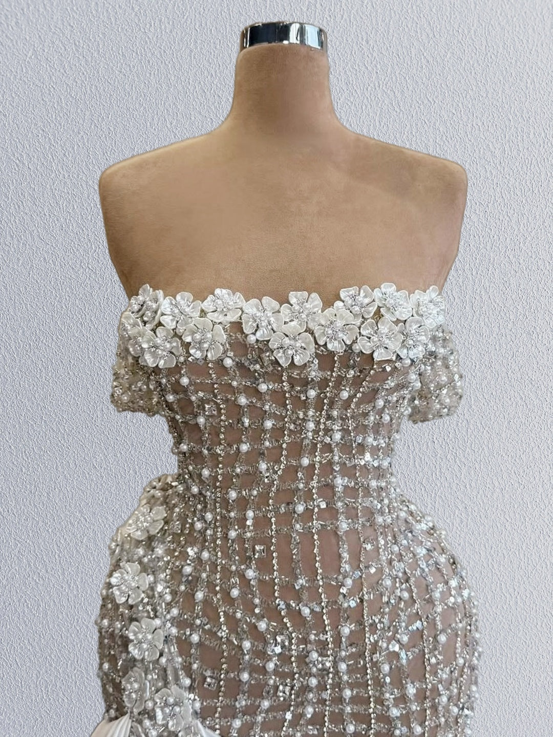 Glam A-Line Off-Shoulder White Satin Slit Engagement Gowns Beads Appliques Sequins Wedding Dress AP6099