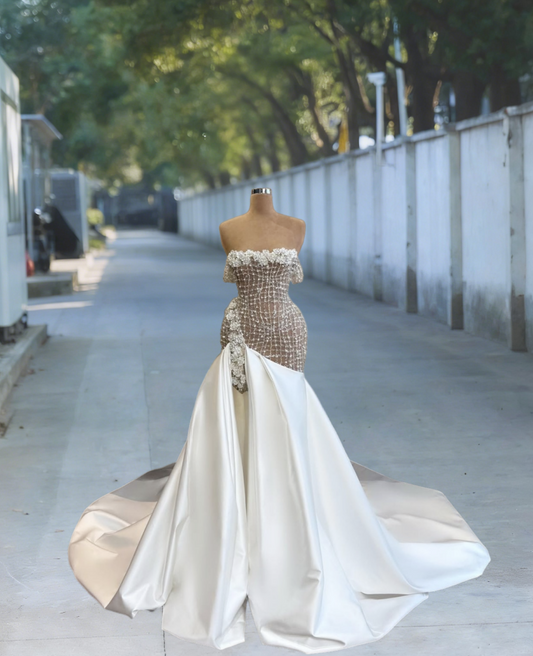 Glam A-Line Off-Shoulder White Satin Slit Engagement Gowns Beads Appliques Sequins Wedding Dress AP6099