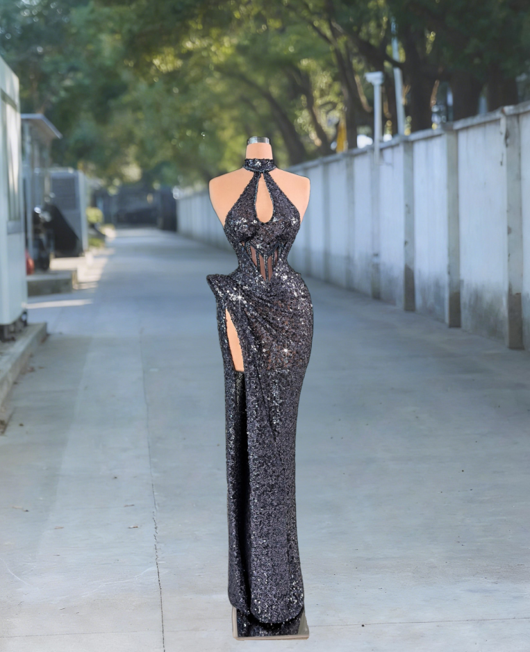 Glamorous Sheath Cutout Halter Neck Evening Gowns Sequins High-Slit Prom Dress AP6100