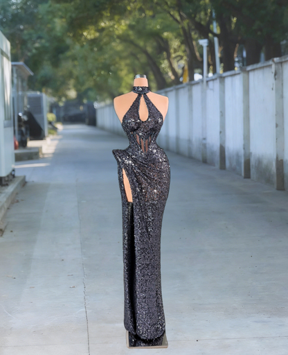 Glamorous Sheath Cutout Halter Neck Evening Gowns Sequins High-Slit Prom Dress AP6100
