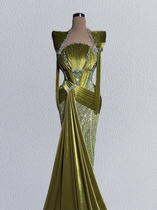 Dramatic Sheath Long Sleeve Square Neck Evening Dress Beading Crystals Velvet Sash Prom Dress AP6101