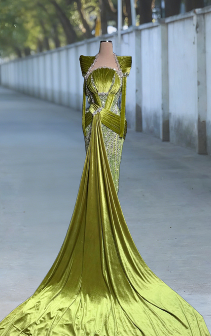 Dramatic Sheath Long Sleeve Square Neck Evening Dress Beading Crystals Velvet Sash Prom Dress AP6101