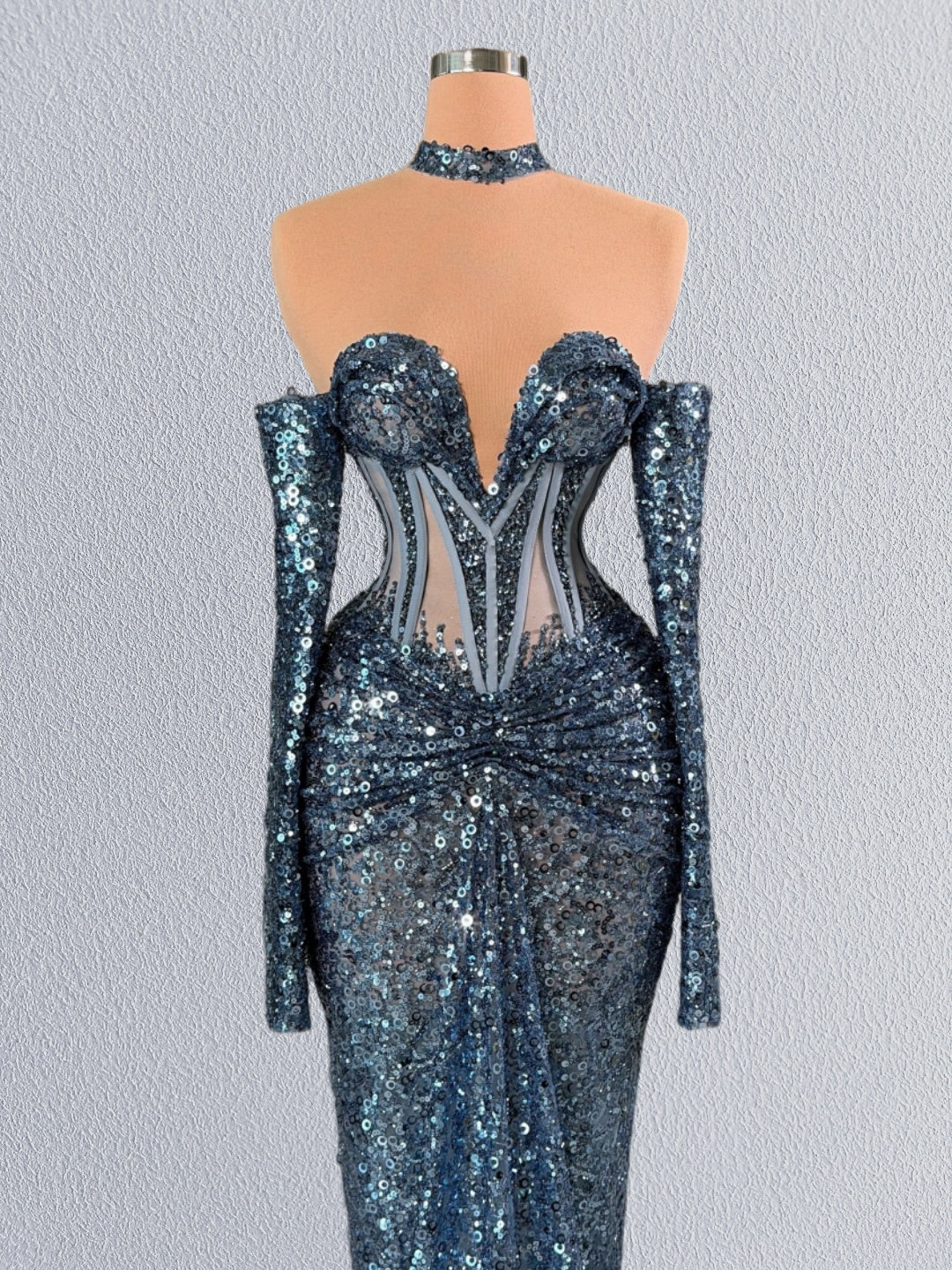 Stunning Sweetheart Neck Evening Mermaid Dress Long Sleeve Sequins Prom Dress AP6102