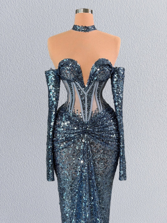 Stunning Sweetheart Neck Evening Mermaid Dress Long Sleeve Sequins Prom Dress AP6102