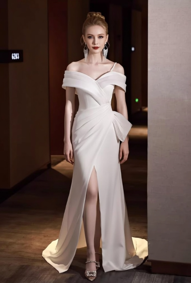 Novelty Off-Shoulder Mermaid Bridal Gowns High-Slit Satin Wedding Dress AP6103