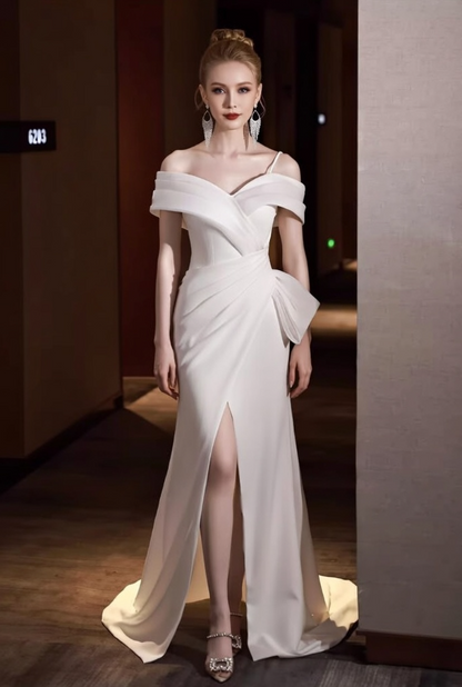 Novelty Off-Shoulder Mermaid Bridal Gowns High-Slit Satin Wedding Dress AP6103