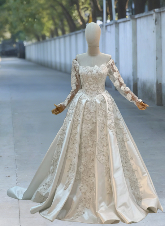 Unique A-Line Off-Shoulder Bridal Gowns Appliques Sequins Long Sleeve Wedding Dress AP6104