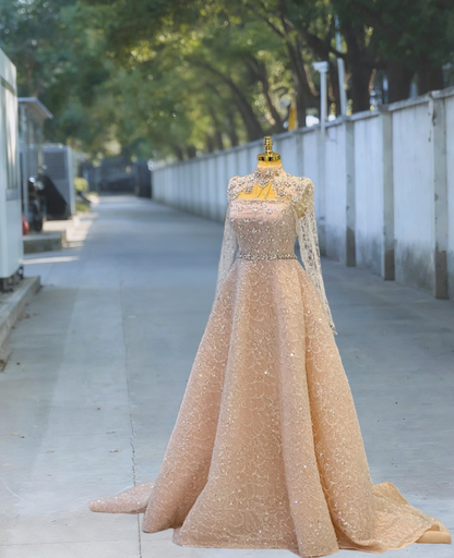 Vibrant High Collar Cutout A-Line Sweet 16th Dresses Beading Crystals Sheer Long Sleeve Prom Dress AP6105