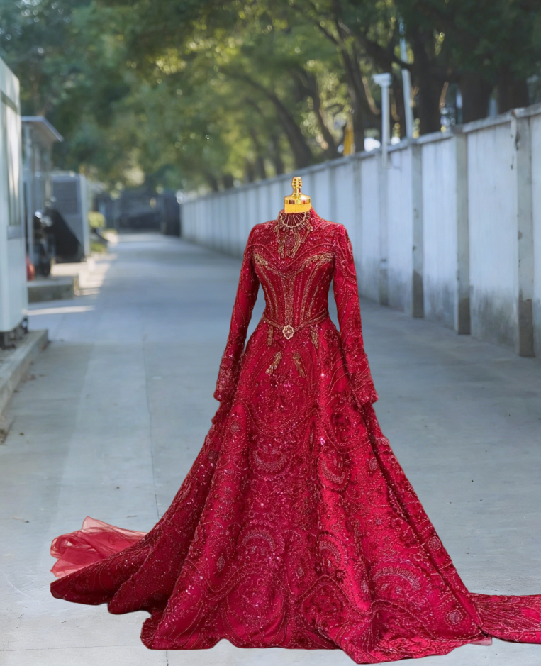Fashionable A-Line High Collar Sweet 16th Dresses Appliques Sequins Long Sleeve Prom Dress AP6106