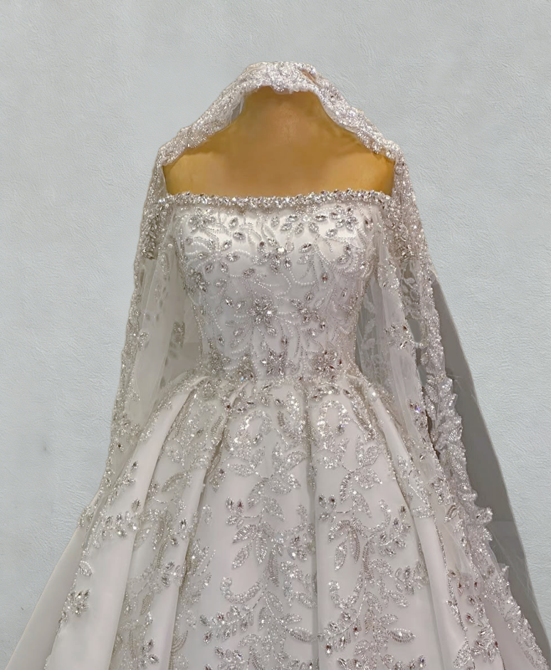 French Style A-Line Off-Shoulder Satin Bridal Gowns Long Sleeve Beading Crystals Wedding Dress AP6107