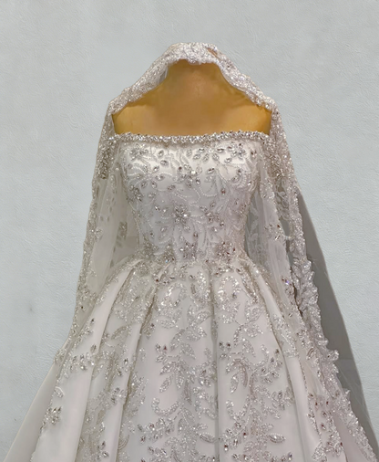 French Style A-Line Off-Shoulder Satin Bridal Gowns Long Sleeve Beading Crystals Wedding Dress AP6107