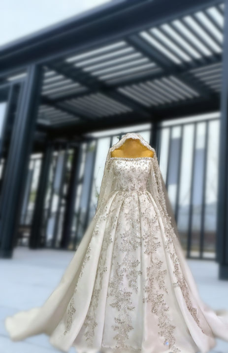 French Style A-Line Off-Shoulder Satin Bridal Gowns Long Sleeve Beading Crystals Wedding Dress AP6107