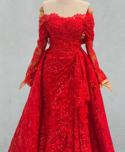 Charming Off-Shoulder A-Line Sweet 16th Dresses Lace Long Sleeve Lace Sequins Prom Dress AP6108