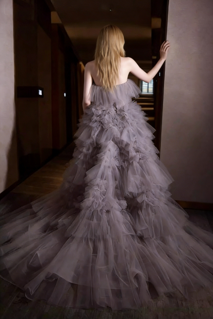 Minimalist Strapless A-Line Sweet 16th Gowns Layered Tulle Ruffles Prom Dress AP6109