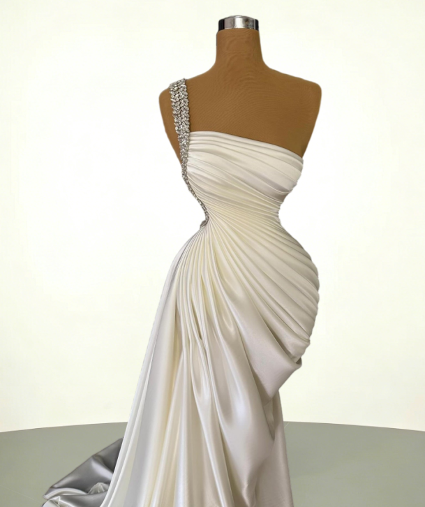 Sparkly One Shoulder Sheath Bridal Dresses Gathered Satin Beading Wedding Dress AP6112