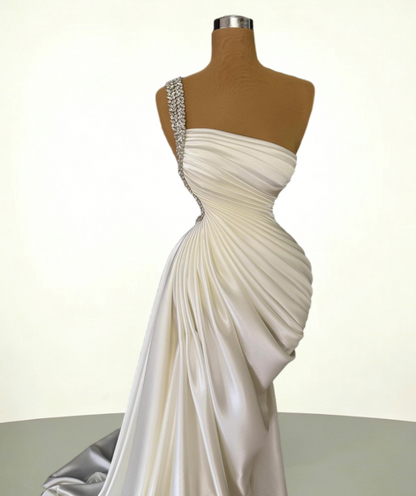 Sparkly One Shoulder Sheath Bridal Dresses Gathered Satin Beading Wedding Dress AP6112
