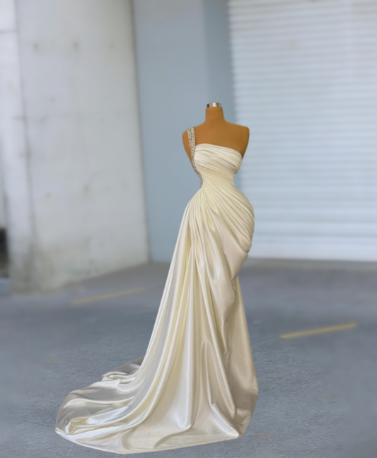 Sparkly One Shoulder Sheath Bridal Dresses Gathered Satin Beading Wedding Dress AP6112