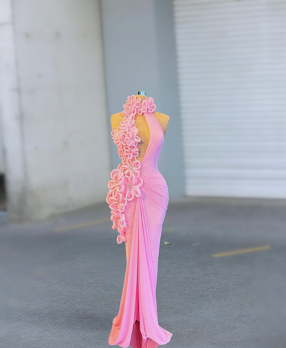Dopamine Style Sheath Cutout Halter Neck Evening Gowns 3D Appliques Crystals High Slit Prom Dress AP6113