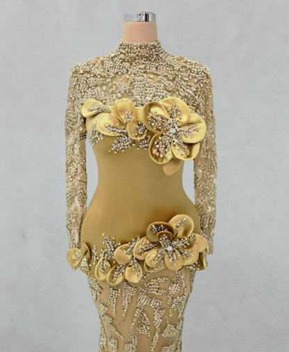 Bling High Collar Evening Mermaid Dress Long Sleeve 3D Appliques Rhinestones Prom Dress AP6114