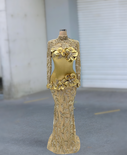 Bling High Collar Evening Mermaid Dress Long Sleeve 3D Appliques Rhinestones Prom Dress AP6114