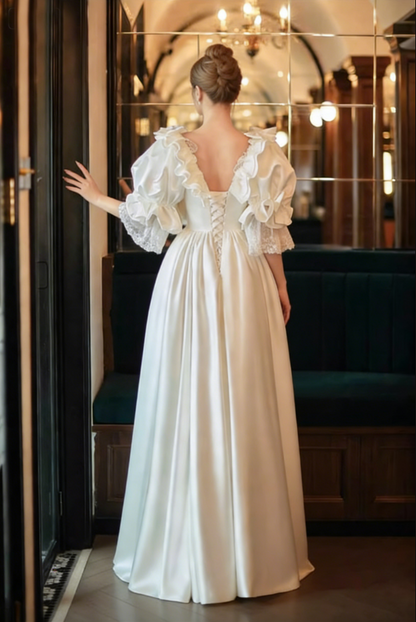 Adorable A-Line V Neck Satin Bridal Gowns Short Sleeve Bows Lace Beads Wedding Dress AP6115