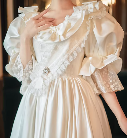 Adorable A-Line V Neck Satin Bridal Gowns Short Sleeve Bows Lace Beads Wedding Dress AP6115