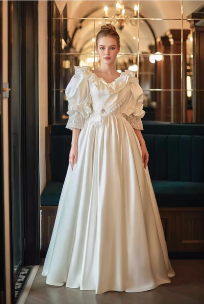 Adorable A-Line V Neck Satin Bridal Gowns Short Sleeve Bows Lace Beads Wedding Dress AP6115
