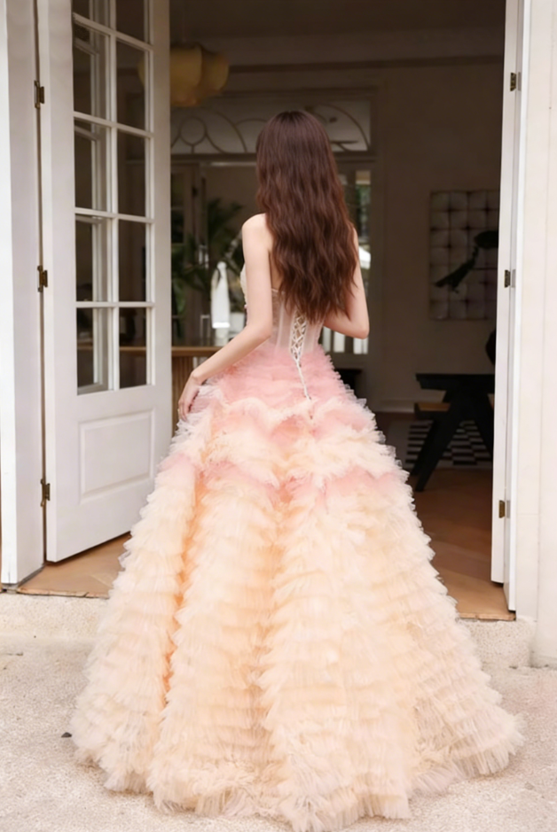 Playful Strapless A-Line Sweet 16th Gowns Ombre Tulle Beads Prom Dress AP6116