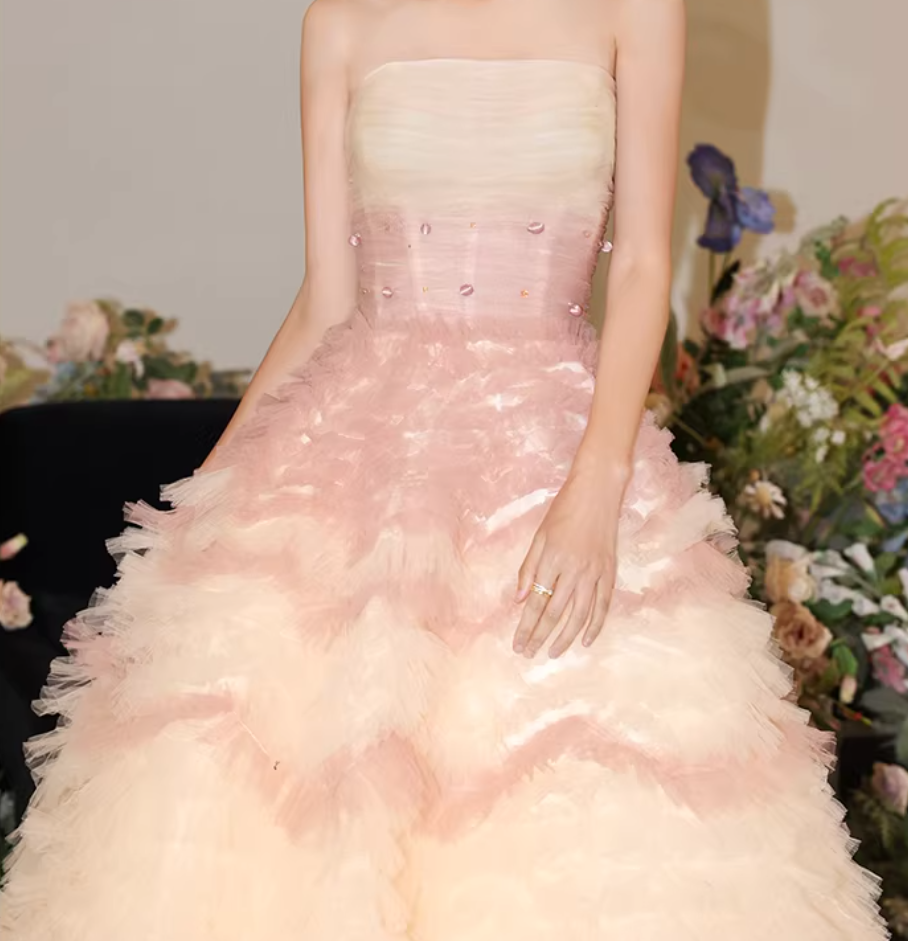 Playful Strapless A-Line Sweet 16th Gowns Ombre Tulle Beads Prom Dress AP6116