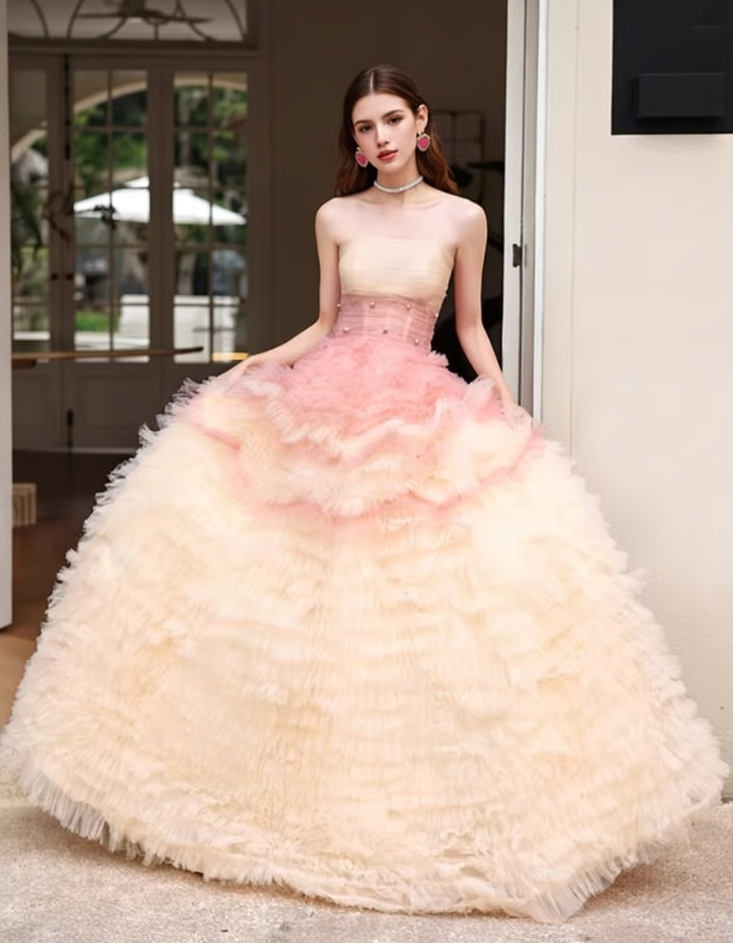 Playful Strapless A-Line Sweet 16th Gowns Ombre Tulle Beads Prom Dress AP6116