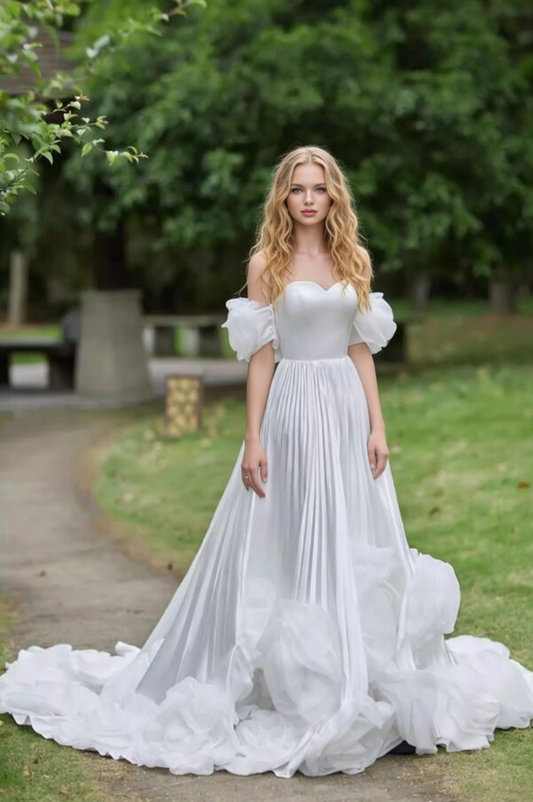 Flowy A-Line Off-Shoulder Engagement Gowns Handmade Flowers Pleated Wedding Dress AP6117