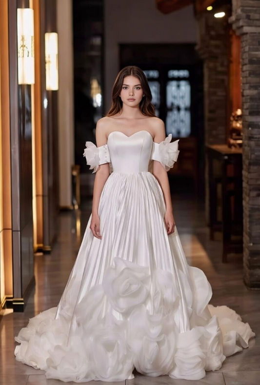 Flowy A-Line Off-Shoulder Engagement Gowns Handmade Flowers Pleated Wedding Dress AP6117