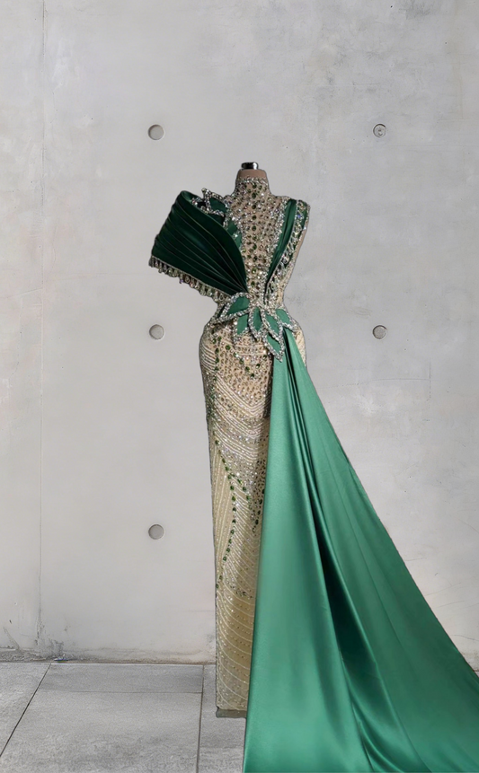 Stylish Sheath High Collar Green Sash Sweet 16th Dresses Beading Crystals Prom Dress AP6118