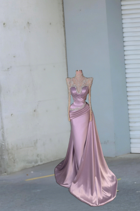 Fitted High Collar Sheath Evening Dress Long Sleeve Beading Pleated Satin Prom Dress AP6119