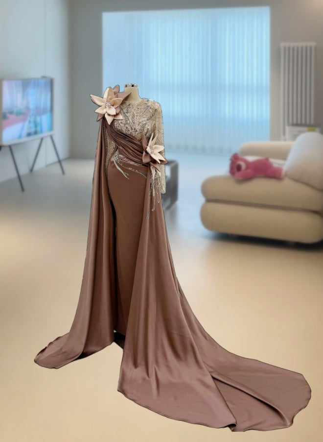 Flattering Jewel Neck Sheath Evening Dress Long Sleeve Handmade Flowers Beading Prom Dress AP6120