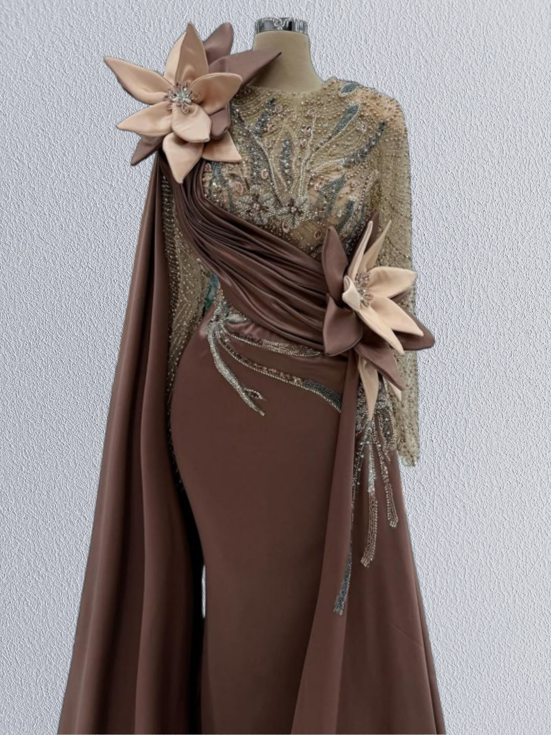 Flattering Jewel Neck Sheath Evening Dress Long Sleeve Handmade Flowers Beading Prom Dress AP6120