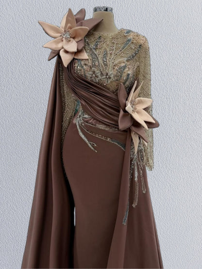 Flattering Jewel Neck Sheath Evening Dress Long Sleeve Handmade Flowers Beading Prom Dress AP6120