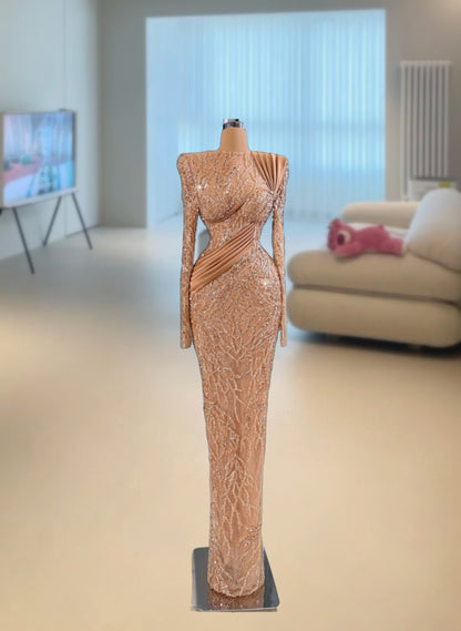 Trendy Sheath Jewel Neck Evening Dress Long Sleeve Sequins Lace Pleated Prom Dress AP6121