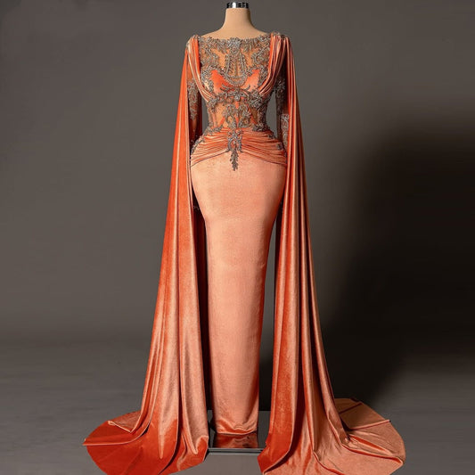 Glittering Boat Neck Sheath Evening Dress Long Sleeve Beading Prom Dress AP6125