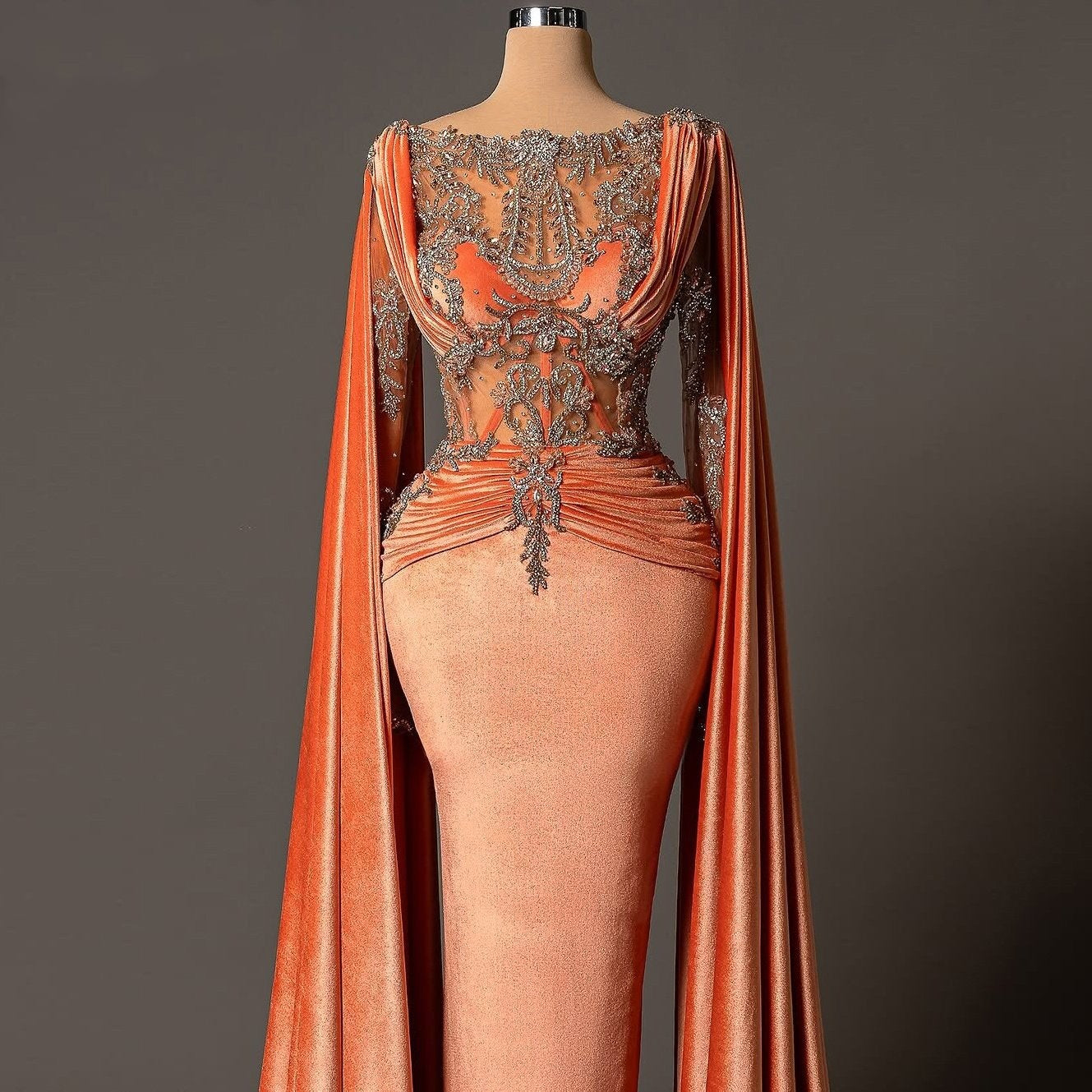 Glittering Boat Neck Sheath Evening Dress Long Sleeve Beading Prom Dress AP6125
