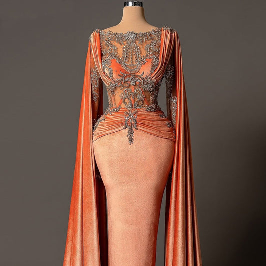 Glittering Boat Neck Sheath Evening Dress Long Sleeve Beading Prom Dress AP6125