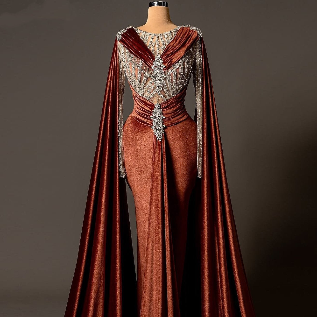 Modern Jewel Neck Sheath Evening Dress Beading Long Sleeve Crystals Prom Dress AP6126