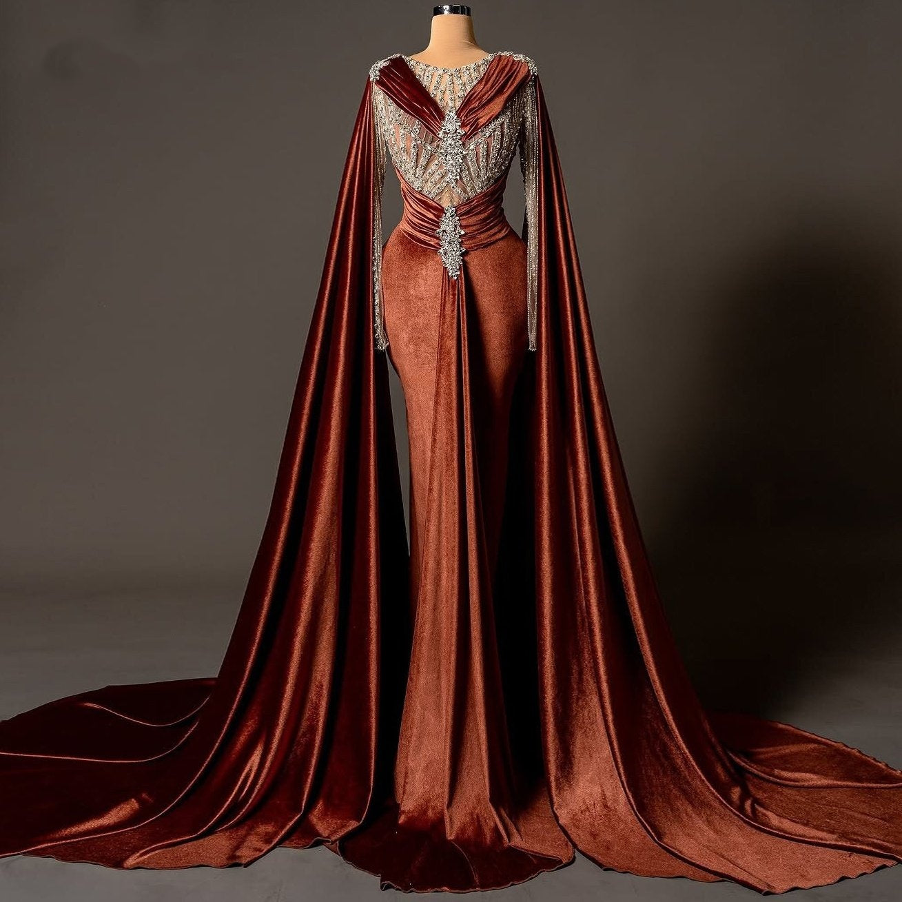 Modern Jewel Neck Sheath Evening Dress Beading Long Sleeve Crystals Prom Dress AP6126