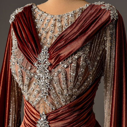 Modern Jewel Neck Sheath Evening Dress Beading Long Sleeve Crystals Prom Dress AP6126