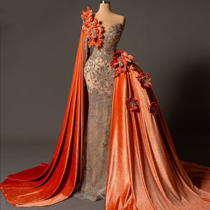 Princess One-Shoulder Long Sleeve Mermaid Evening Dresses Rhinestones Beading Handmade Flowers Prom Dress AP6127