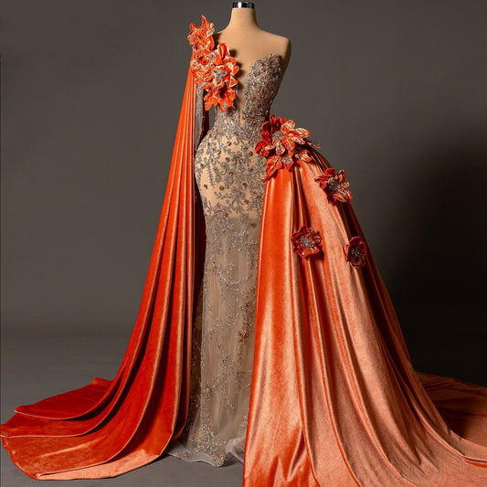 Princess One-Shoulder Long Sleeve Mermaid Evening Dresses Rhinestones Beading Handmade Flowers Prom Dress AP6127