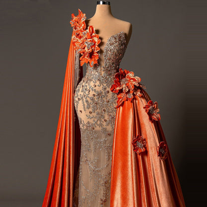 Princess One-Shoulder Long Sleeve Mermaid Evening Dresses Rhinestones Beading Handmade Flowers Prom Dress AP6127