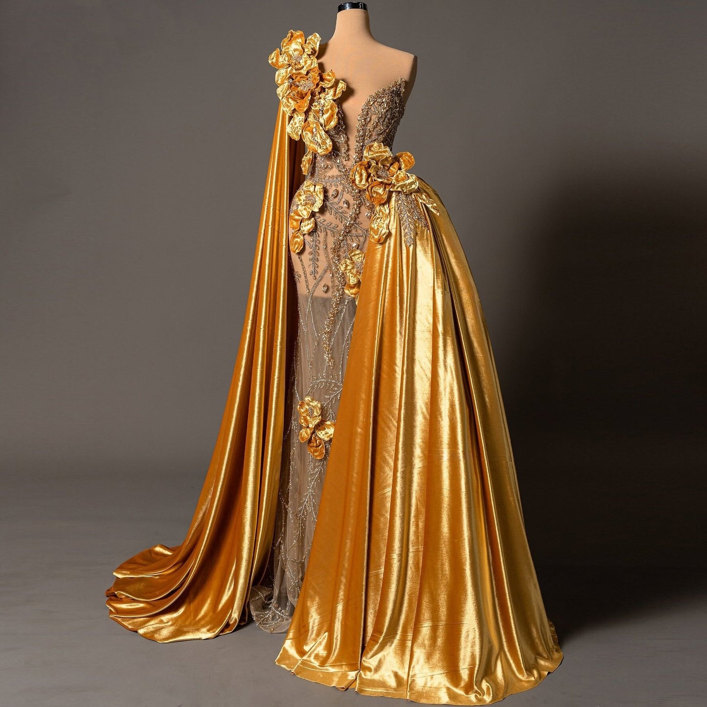 Pretty One-Shoulder Mermaid Evening Dresses Beading Handmade Flowers Rhinestones Prom Dress AP6128