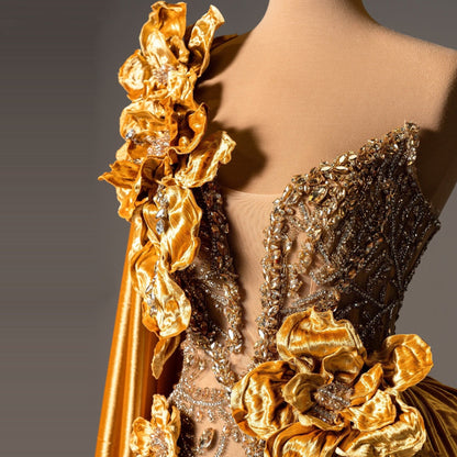Pretty One-Shoulder Mermaid Evening Dresses Beading Handmade Flowers Rhinestones Prom Dress AP6128