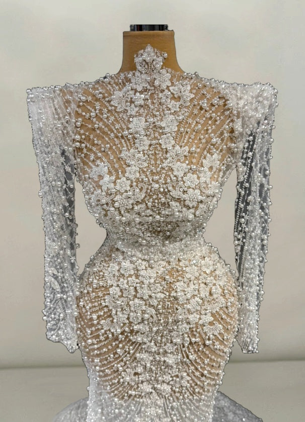 Delicate High Collar Mermaid Bridal Gowns Appliques Long Sleeve Beading Pearls Wedding Dress AP6130